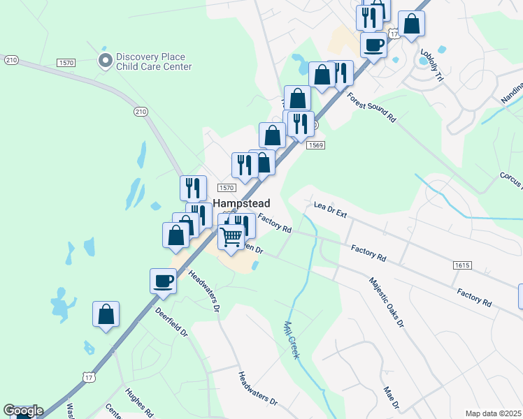 map of restaurants, bars, coffee shops, grocery stores, and more near 67 Factory Road in Hampstead