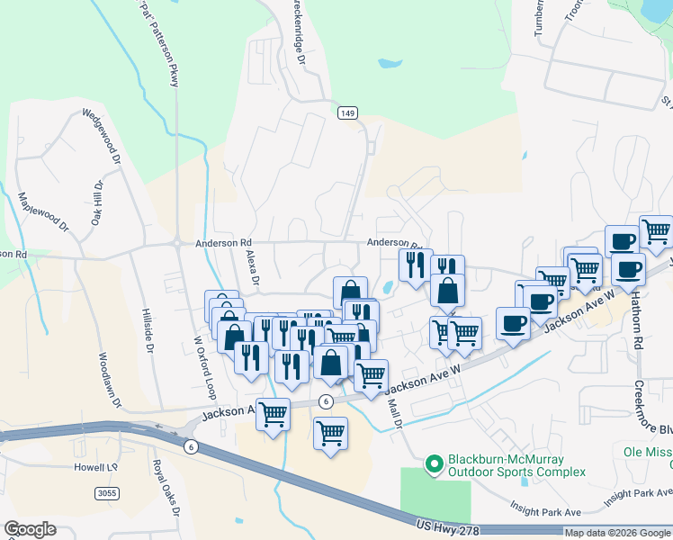 map of restaurants, bars, coffee shops, grocery stores, and more near 100 Jamie Cove in Oxford