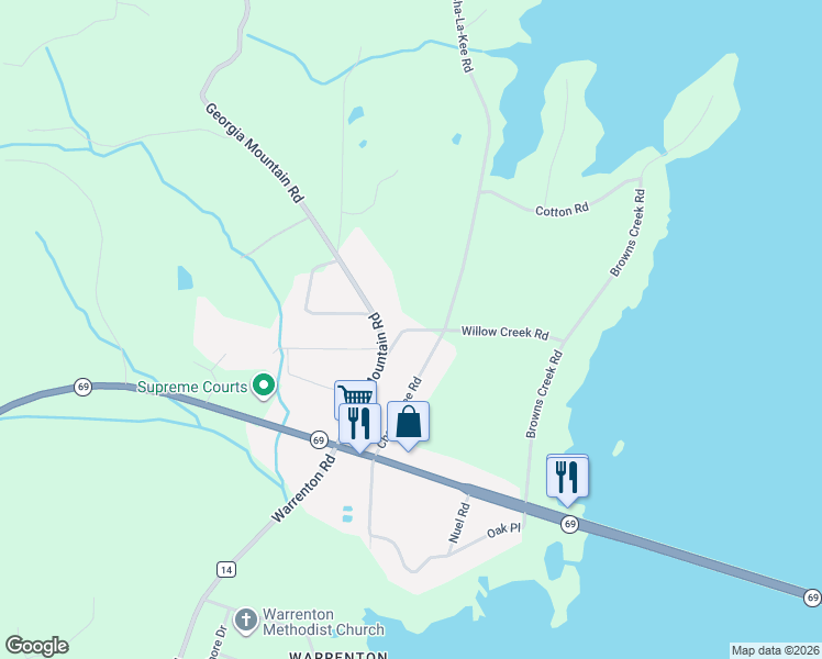 map of restaurants, bars, coffee shops, grocery stores, and more near County Road 25 in Guntersville