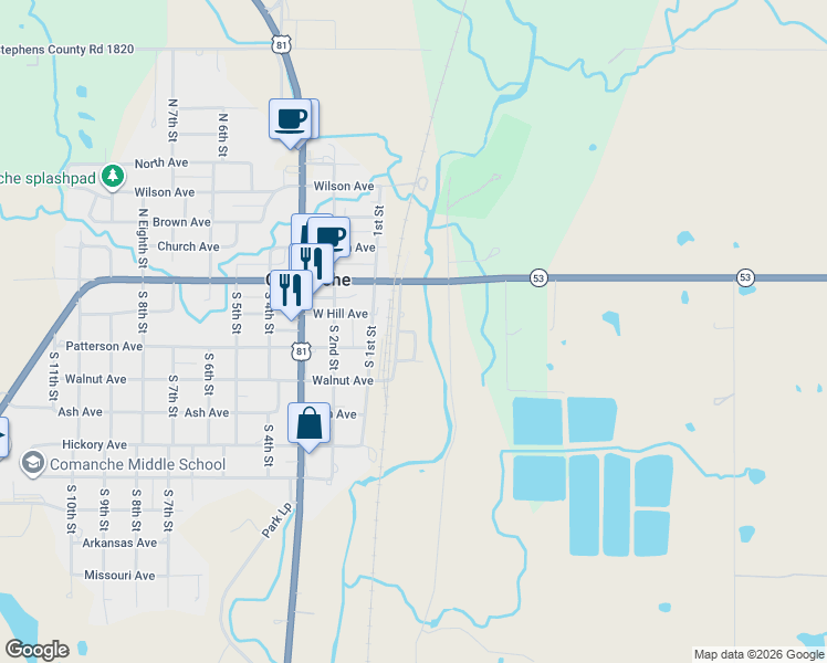map of restaurants, bars, coffee shops, grocery stores, and more near 200 Pearson Avenue in Comanche
