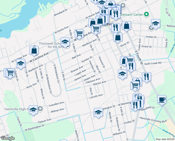 map of restaurants, bars, coffee shops, grocery stores, and more near 313 Brewer Avenue in Hartsville