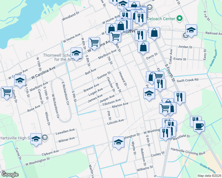 map of restaurants, bars, coffee shops, grocery stores, and more near 310 Logan Avenue in Hartsville