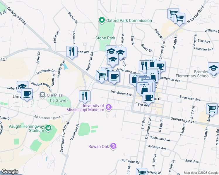 map of restaurants, bars, coffee shops, grocery stores, and more near 514 East Jackson Avenue in Oxford