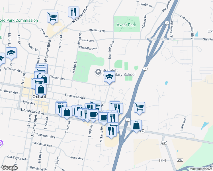 map of restaurants, bars, coffee shops, grocery stores, and more near 1740 Jefferson Avenue in Oxford