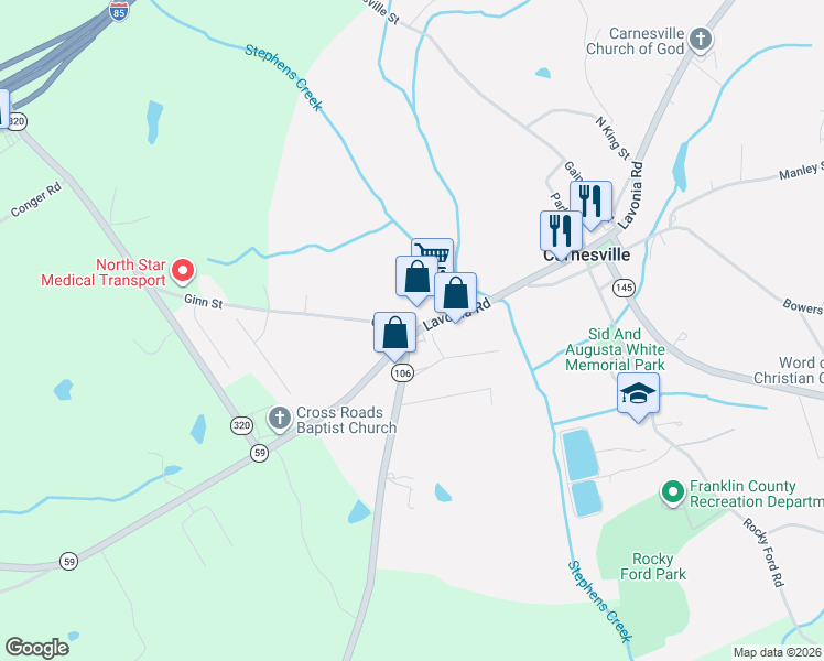map of restaurants, bars, coffee shops, grocery stores, and more near 11156 Highway 106 in Carnesville