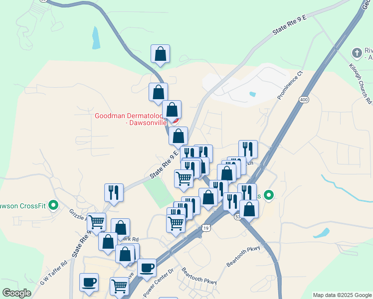 map of restaurants, bars, coffee shops, grocery stores, and more near 35 State Route 9 East in Dawsonville