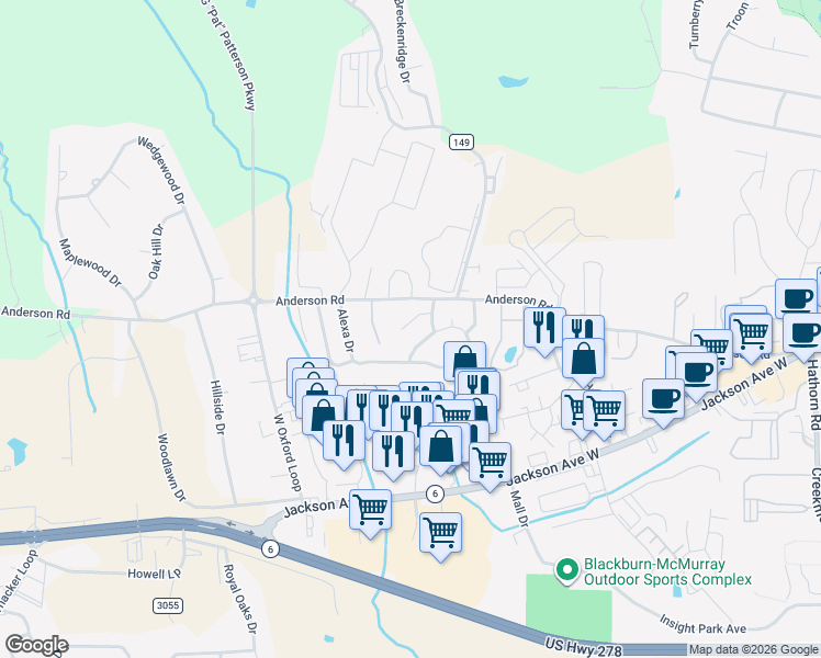 map of restaurants, bars, coffee shops, grocery stores, and more near 100 Jamie Cove in Oxford