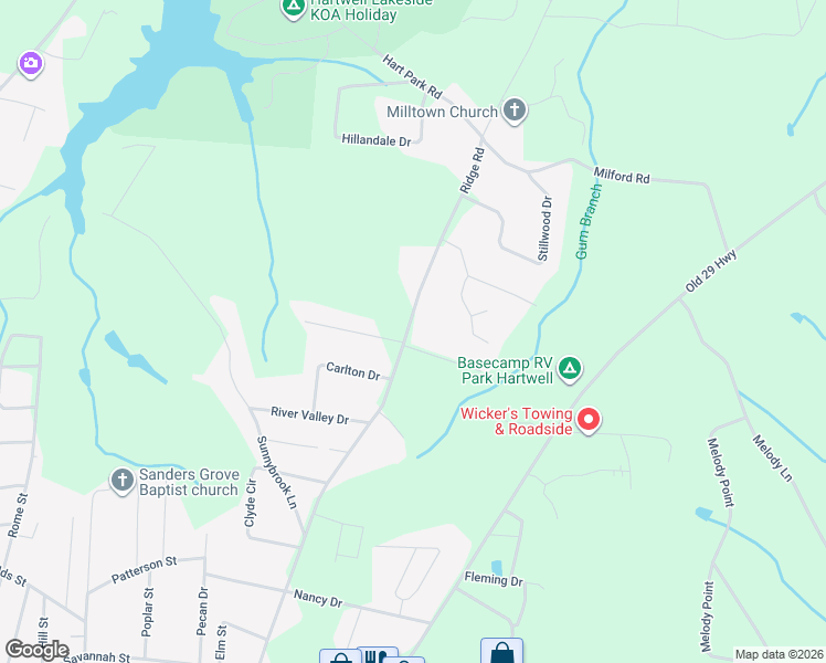 map of restaurants, bars, coffee shops, grocery stores, and more near 1006 Ridge Road in Hartwell