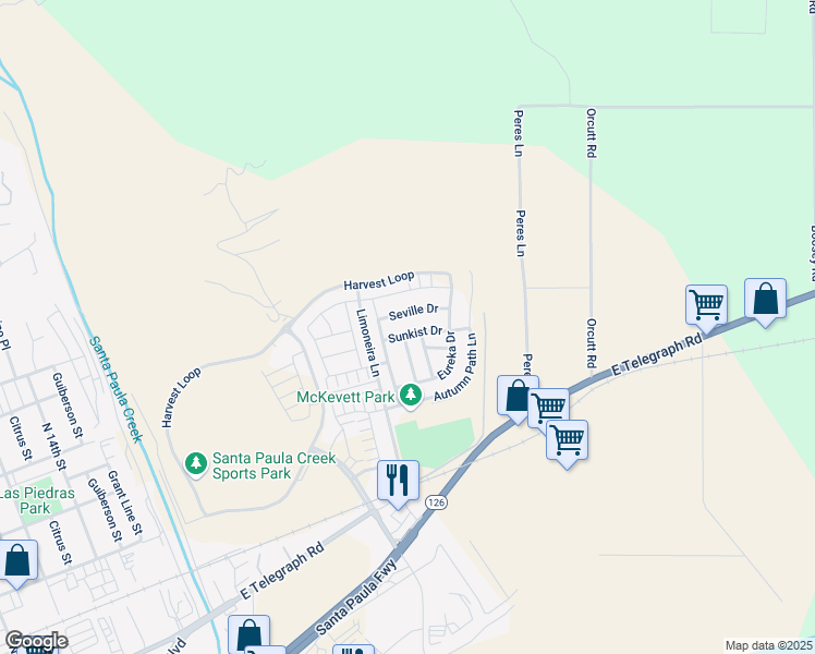 map of restaurants, bars, coffee shops, grocery stores, and more near 2101 Sunkist Drive in Santa Paula