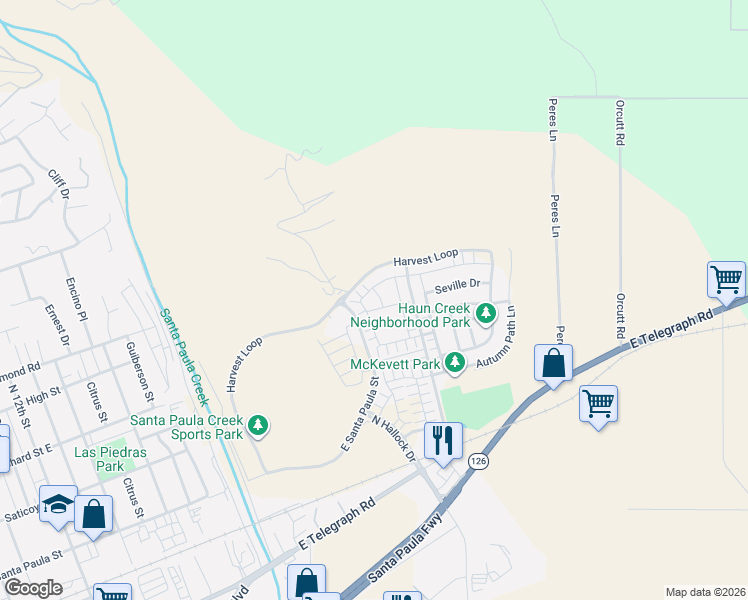 map of restaurants, bars, coffee shops, grocery stores, and more near 260-498 Padre Lane in Santa Paula