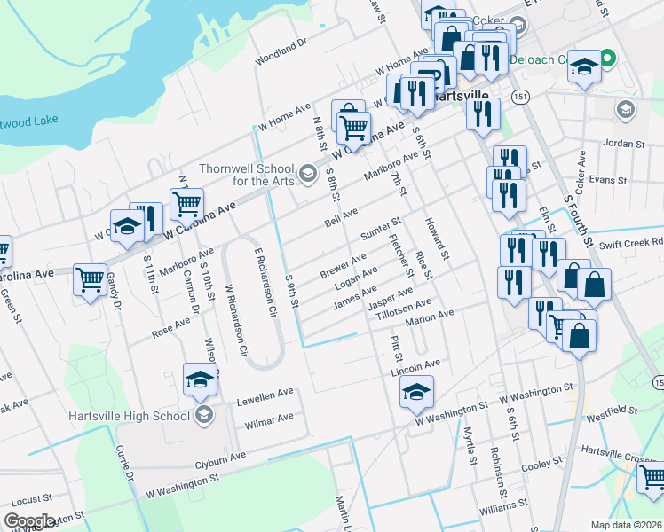 map of restaurants, bars, coffee shops, grocery stores, and more near 407 Sumter Street in Hartsville