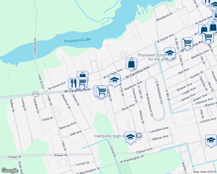 map of restaurants, bars, coffee shops, grocery stores, and more near 712 West Carolina Avenue in Hartsville
