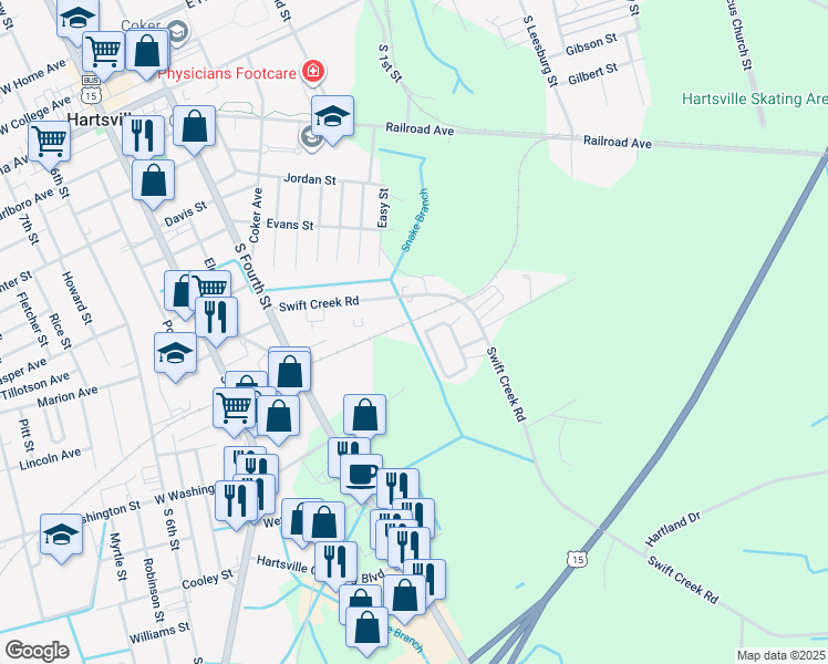 map of restaurants, bars, coffee shops, grocery stores, and more near 503 Swift Creek Rd in Hartsville