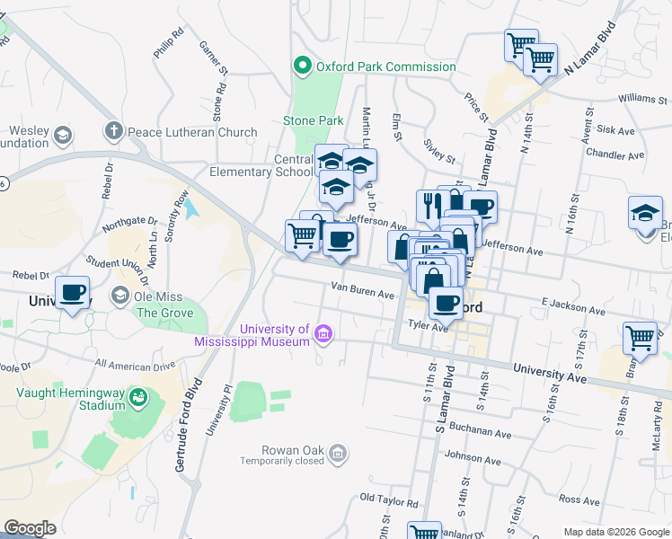 map of restaurants, bars, coffee shops, grocery stores, and more near 505 West Jackson Avenue in Oxford