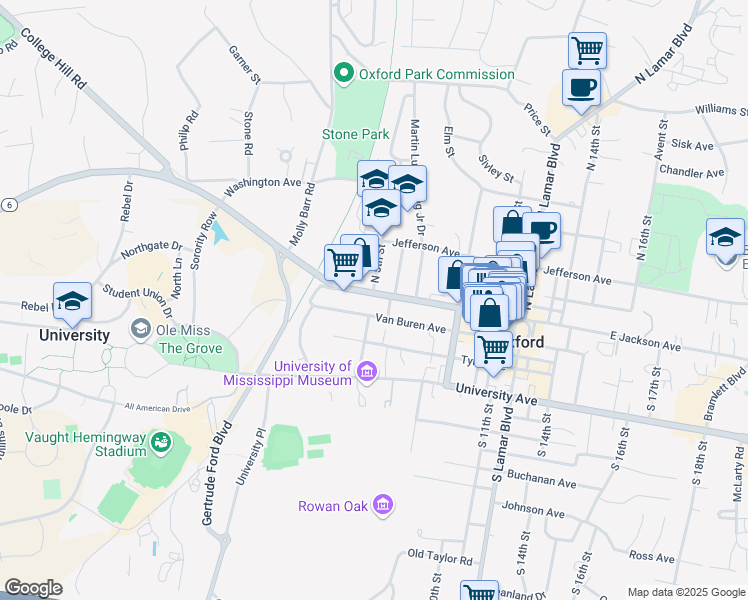 map of restaurants, bars, coffee shops, grocery stores, and more near 505 West Jackson Avenue in Oxford
