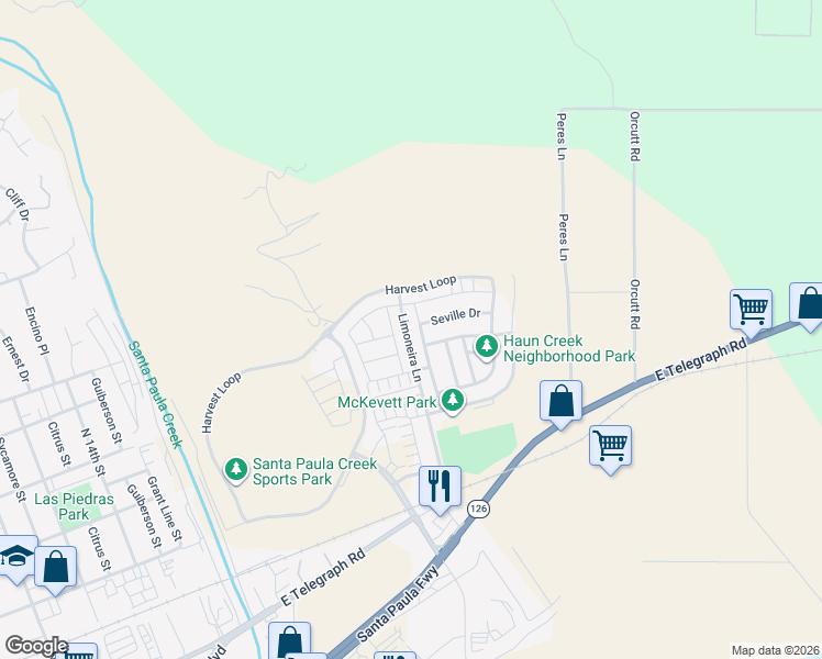 map of restaurants, bars, coffee shops, grocery stores, and more near 517 Limoneira Lane in Santa Paula