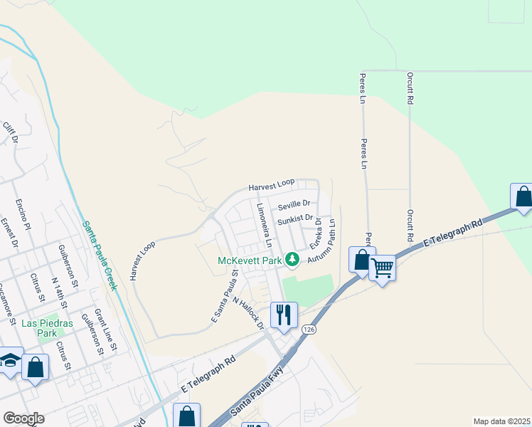 map of restaurants, bars, coffee shops, grocery stores, and more near 517 Limoneira Lane in Santa Paula