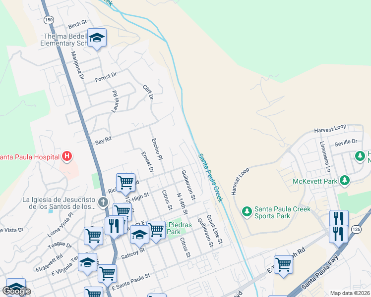 map of restaurants, bars, coffee shops, grocery stores, and more near 1500 Richmond Road in Santa Paula