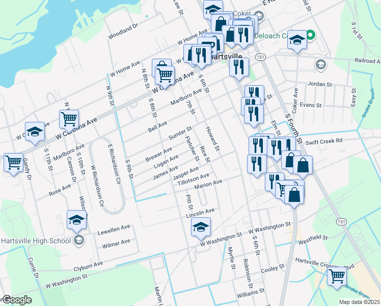 map of restaurants, bars, coffee shops, grocery stores, and more near 310 Logan Avenue in Hartsville