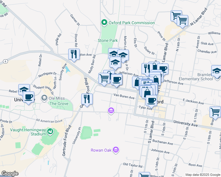 map of restaurants, bars, coffee shops, grocery stores, and more near 401 Jackson Avenue East in Oxford