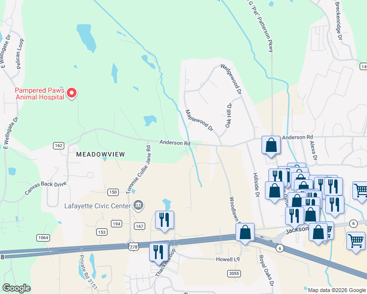 map of restaurants, bars, coffee shops, grocery stores, and more near 171 County Road 162 in Oxford
