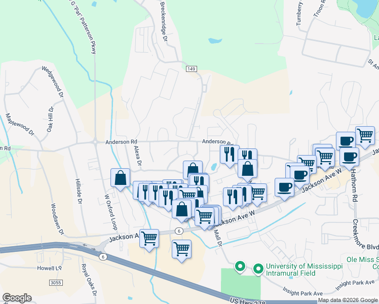 map of restaurants, bars, coffee shops, grocery stores, and more near 6 Aspen Drive in Oxford