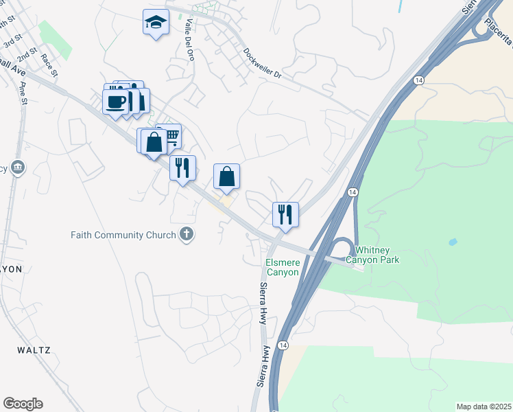 map of restaurants, bars, coffee shops, grocery stores, and more near 23450 Newhall Avenue in Santa Clarita