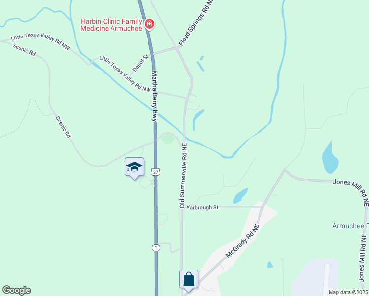 map of restaurants, bars, coffee shops, grocery stores, and more near 2524 Old Summerville Road in Rome