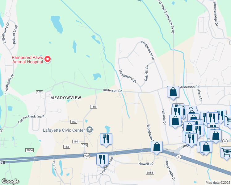 map of restaurants, bars, coffee shops, grocery stores, and more near 171 County Road 162 in Oxford
