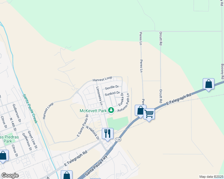 map of restaurants, bars, coffee shops, grocery stores, and more near 2075 Seville Drive in Santa Paula