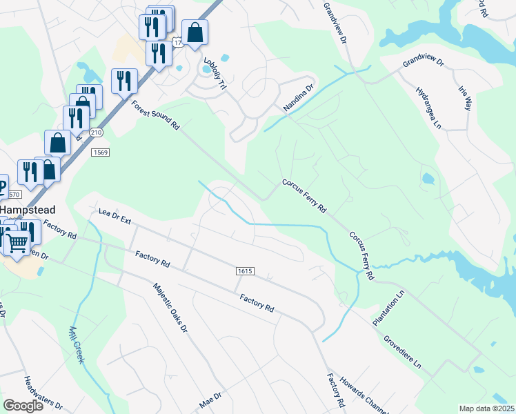 map of restaurants, bars, coffee shops, grocery stores, and more near 612 Forest Sound Road in Hampstead