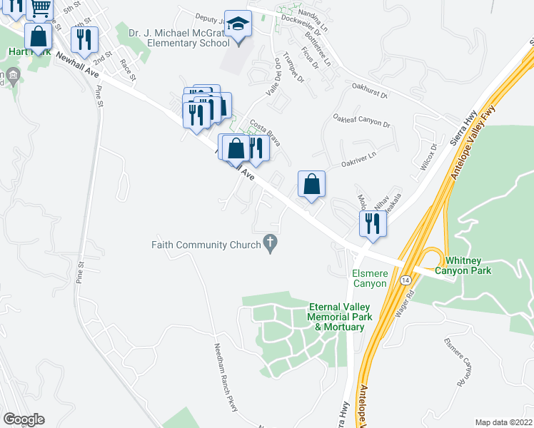 map of restaurants, bars, coffee shops, grocery stores, and more near 23645 Meadowridge Drive in Santa Clarita