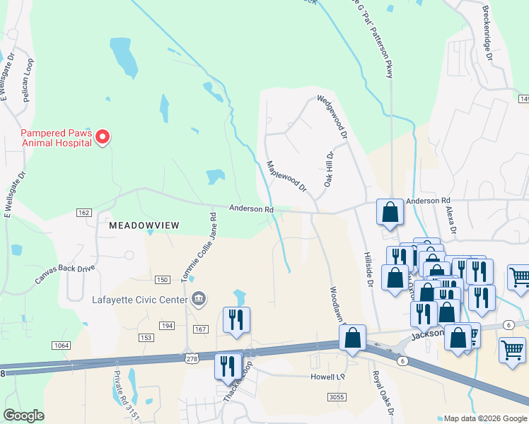map of restaurants, bars, coffee shops, grocery stores, and more near 171 County Road 162 in Oxford