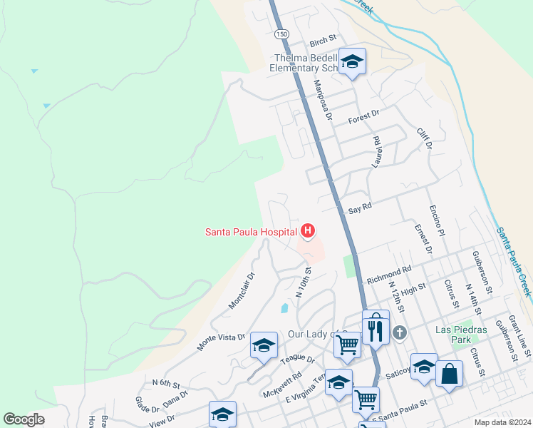 map of restaurants, bars, coffee shops, grocery stores, and more near 960 Coronado Circle in Santa Paula