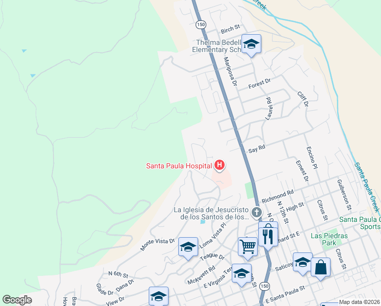 map of restaurants, bars, coffee shops, grocery stores, and more near 960 Coronado Circle in Santa Paula