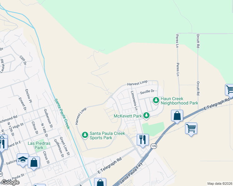 map of restaurants, bars, coffee shops, grocery stores, and more near 1936 Harvest Loop in Santa Paula