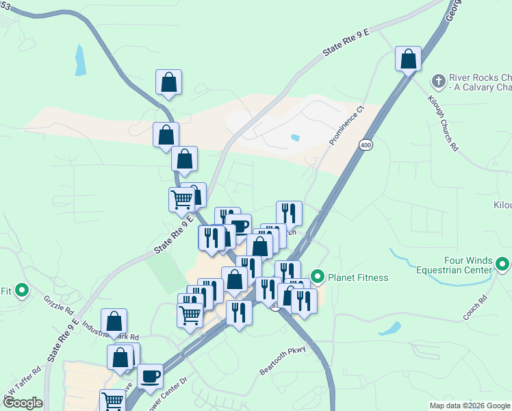 map of restaurants, bars, coffee shops, grocery stores, and more near 37 Founders Drive in Dawsonville