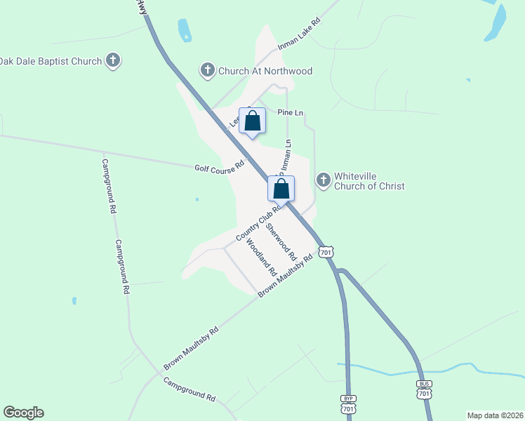map of restaurants, bars, coffee shops, grocery stores, and more near 88 Country Club Road in Whiteville