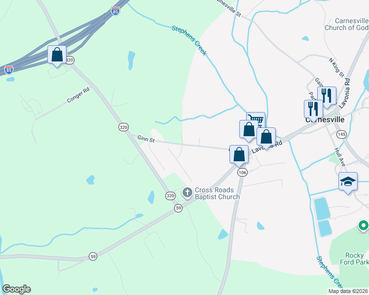 map of restaurants, bars, coffee shops, grocery stores, and more near 7 Crestview Circle in Carnesville