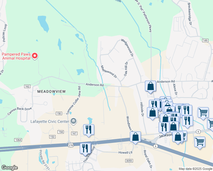 map of restaurants, bars, coffee shops, grocery stores, and more near 1008 Creekside Place in Oxford