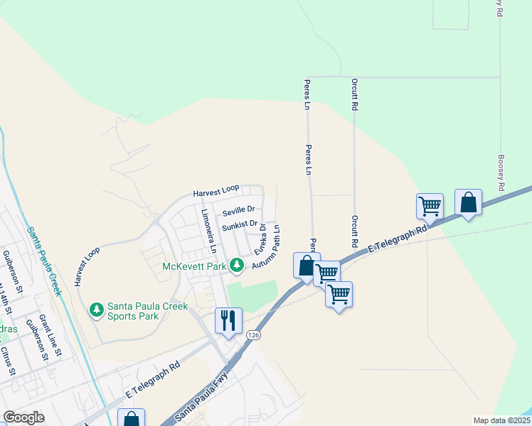 map of restaurants, bars, coffee shops, grocery stores, and more near 481 Eureka Drive in Santa Paula