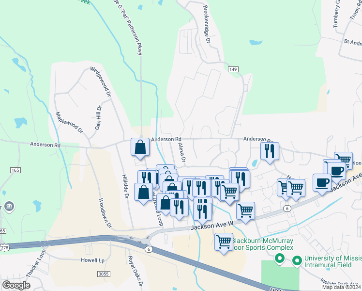 map of restaurants, bars, coffee shops, grocery stores, and more near 512 Alexa Drive in Oxford