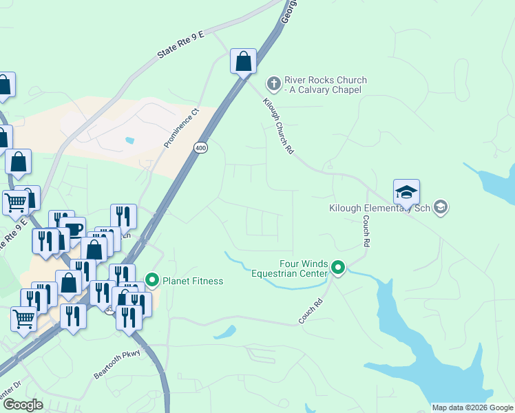 map of restaurants, bars, coffee shops, grocery stores, and more near 131 Meadowmark Drive in Dawsonville