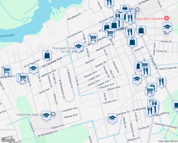 map of restaurants, bars, coffee shops, grocery stores, and more near 407 Sumter Street in Hartsville