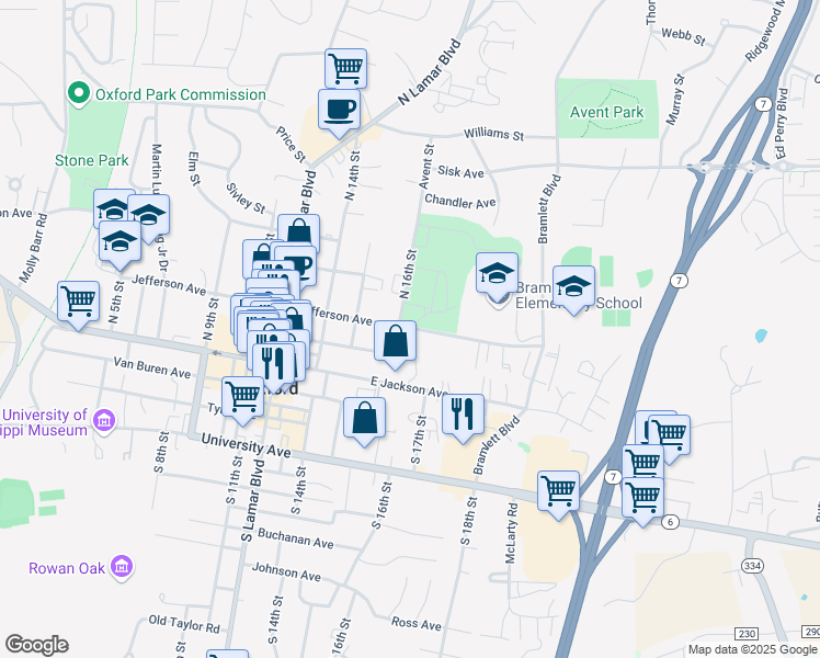 map of restaurants, bars, coffee shops, grocery stores, and more near 1003 Jefferson Avenue in Oxford