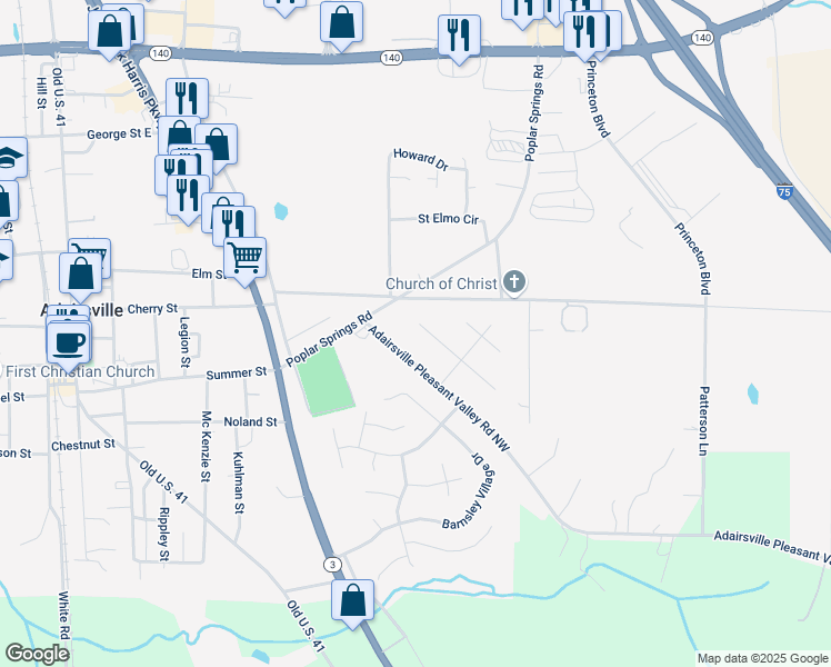 map of restaurants, bars, coffee shops, grocery stores, and more near 21 Dewey Drive in Adairsville