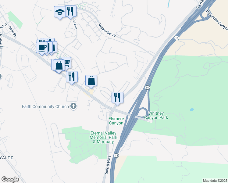 map of restaurants, bars, coffee shops, grocery stores, and more near 23450 Newhall Avenue in Santa Clarita