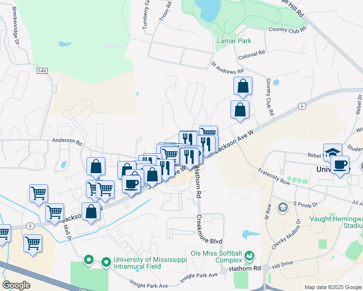 map of restaurants, bars, coffee shops, grocery stores, and more near 2017 Dundee Street in Oxford