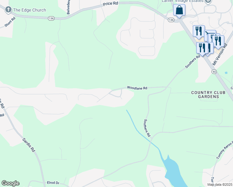 map of restaurants, bars, coffee shops, grocery stores, and more near 3821 Woodlane Circle in Gainesville