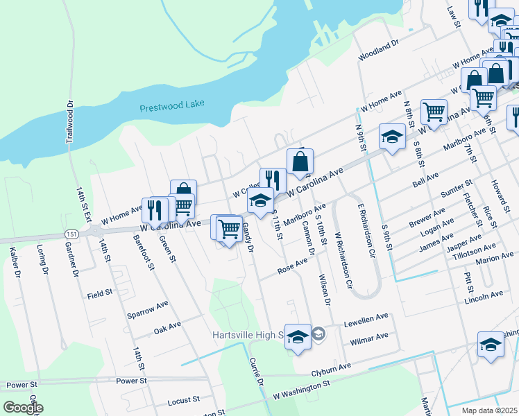 map of restaurants, bars, coffee shops, grocery stores, and more near 712 West Carolina Avenue in Hartsville